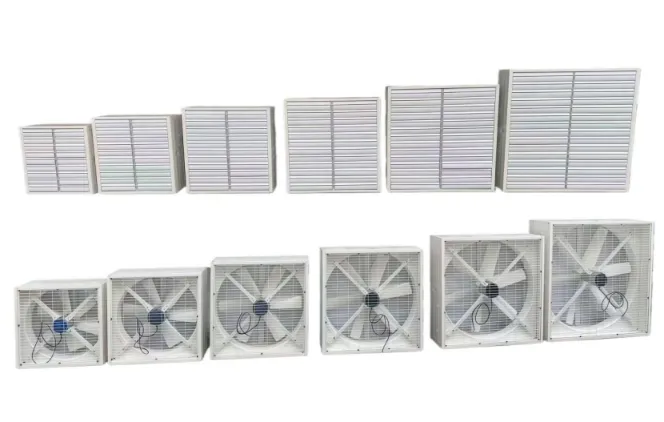 Two square exhaust fans with protective wire grilles in front. The fans are placed side by side, showing their large blades