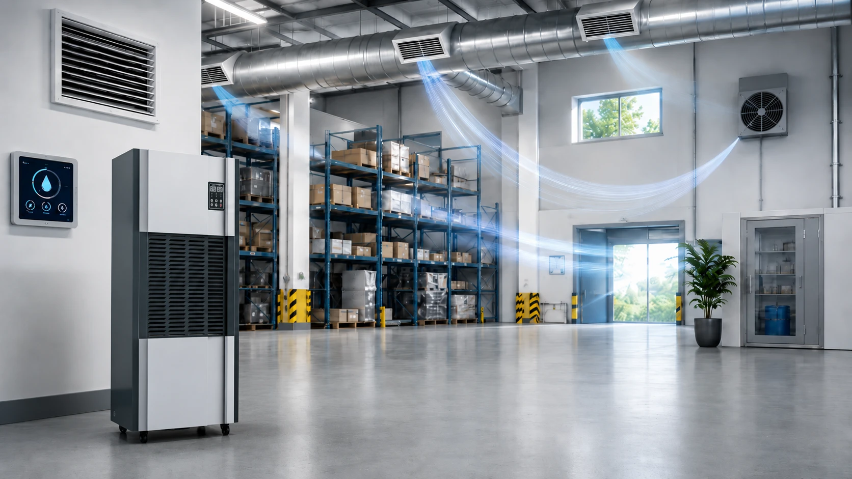 Industrial warehouse with efficient ventilation system